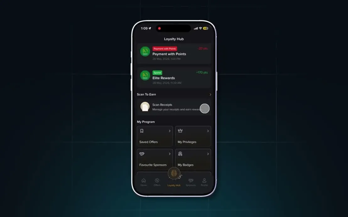 Loyalty app on a phone with a Scan Receipts shortcut beside recently earned points.