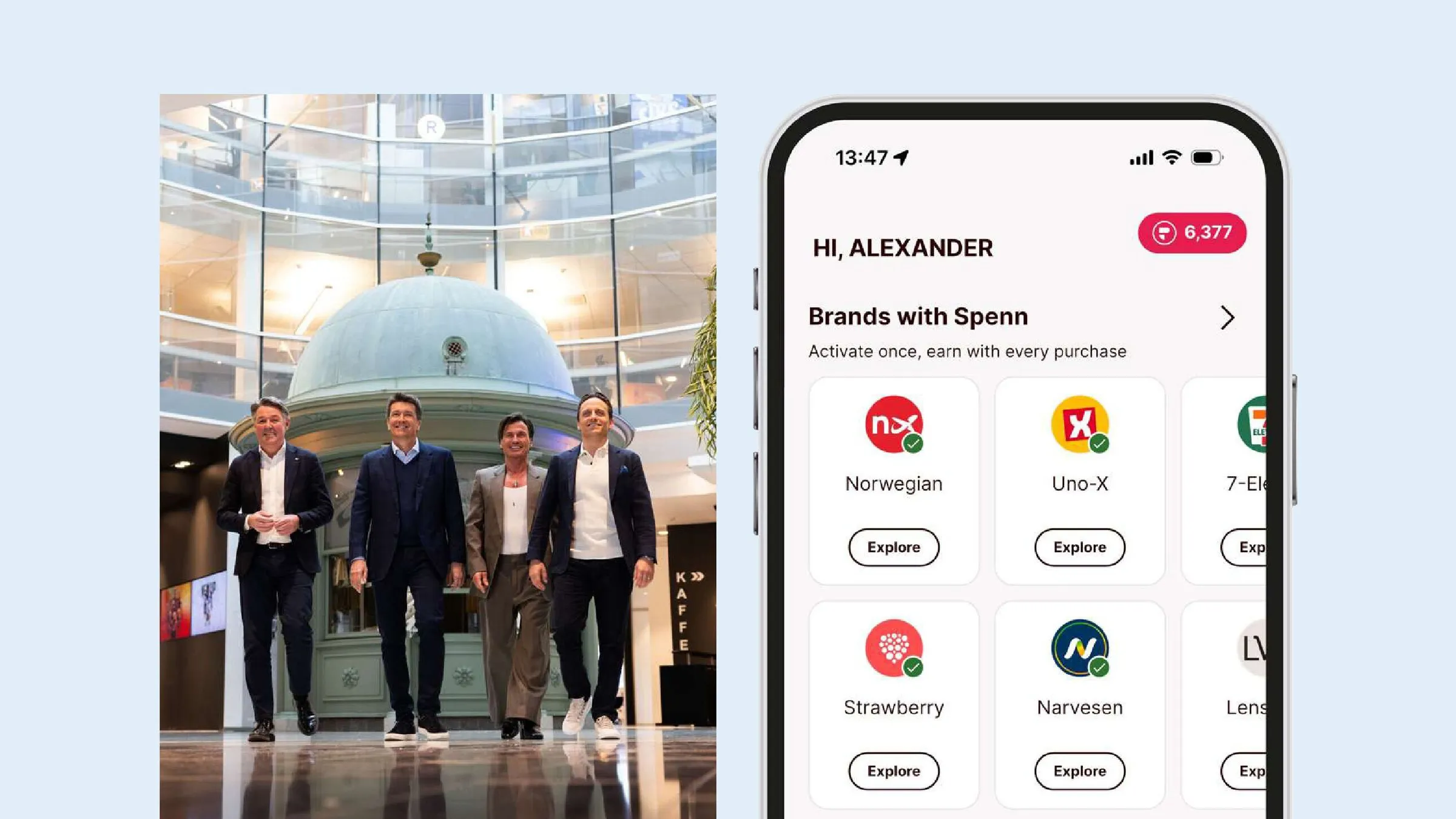 Geir Karlsen, Ole Robert Reitan, Petter Stordalen and Christoffer Sundby, left to right, walking through an atrium, beside a phone showing the Brands with Spenn screen of the Spenn app